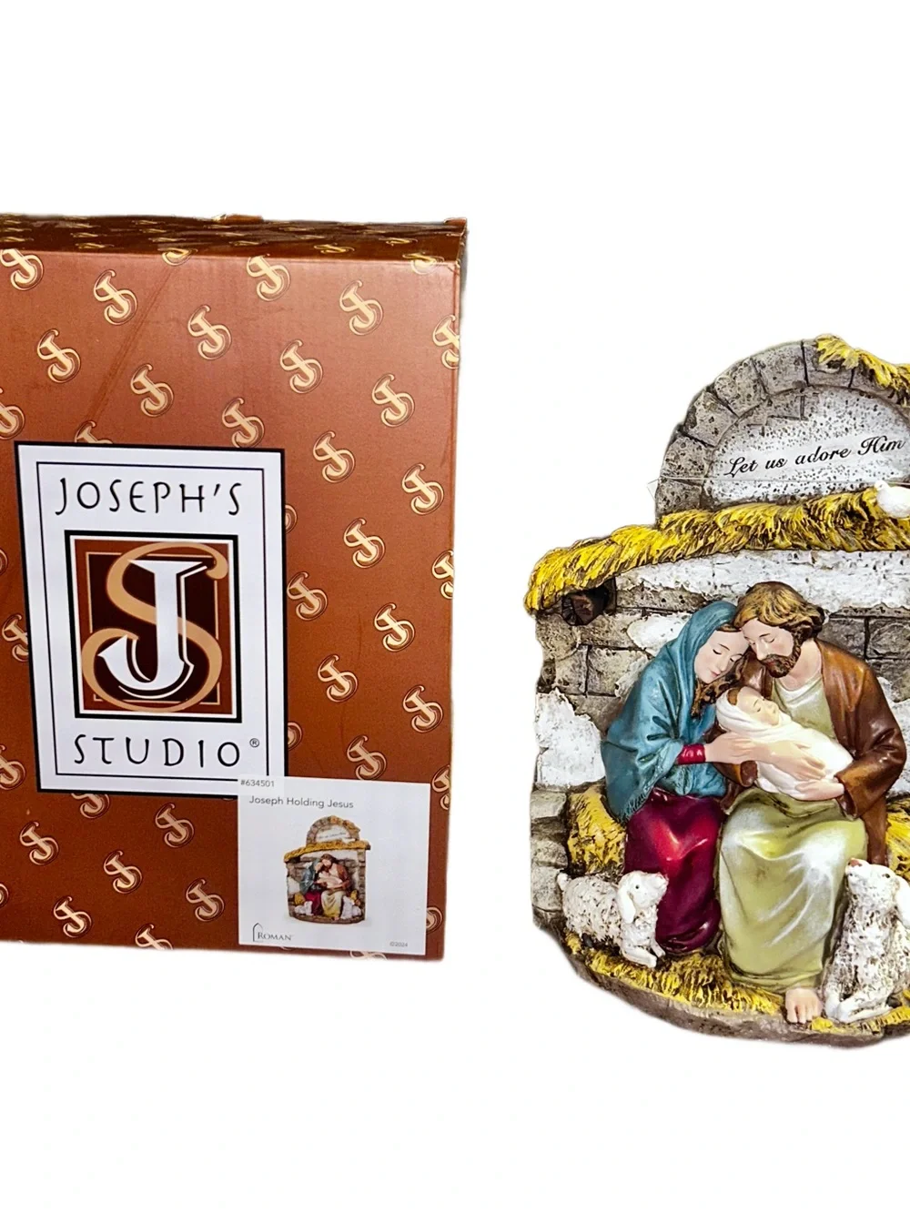 Roman ~ Mary and Joseph Holding Baby Jesus in Crèche with Lambs 10